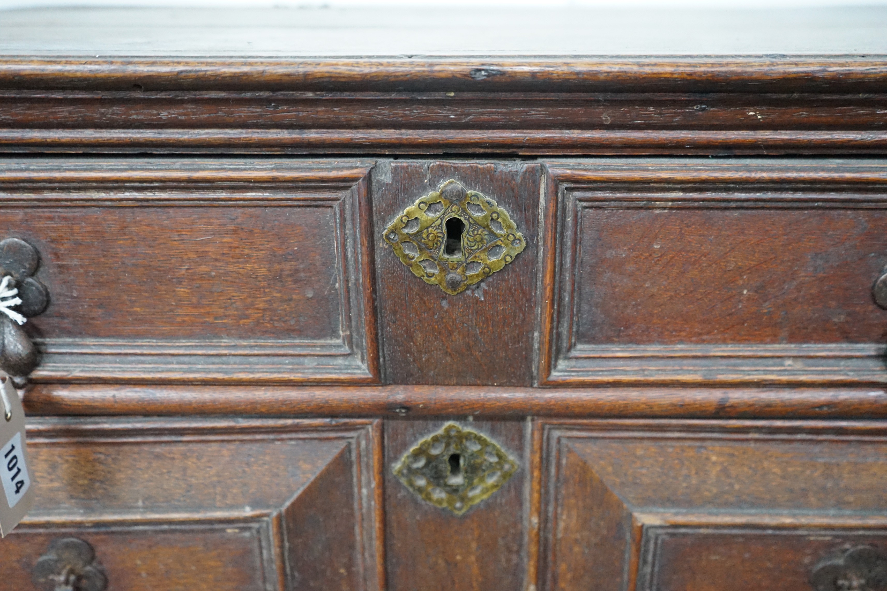 A 17th century oak chest of four drawers, width 93cm, depth 53cm, height 91cm
